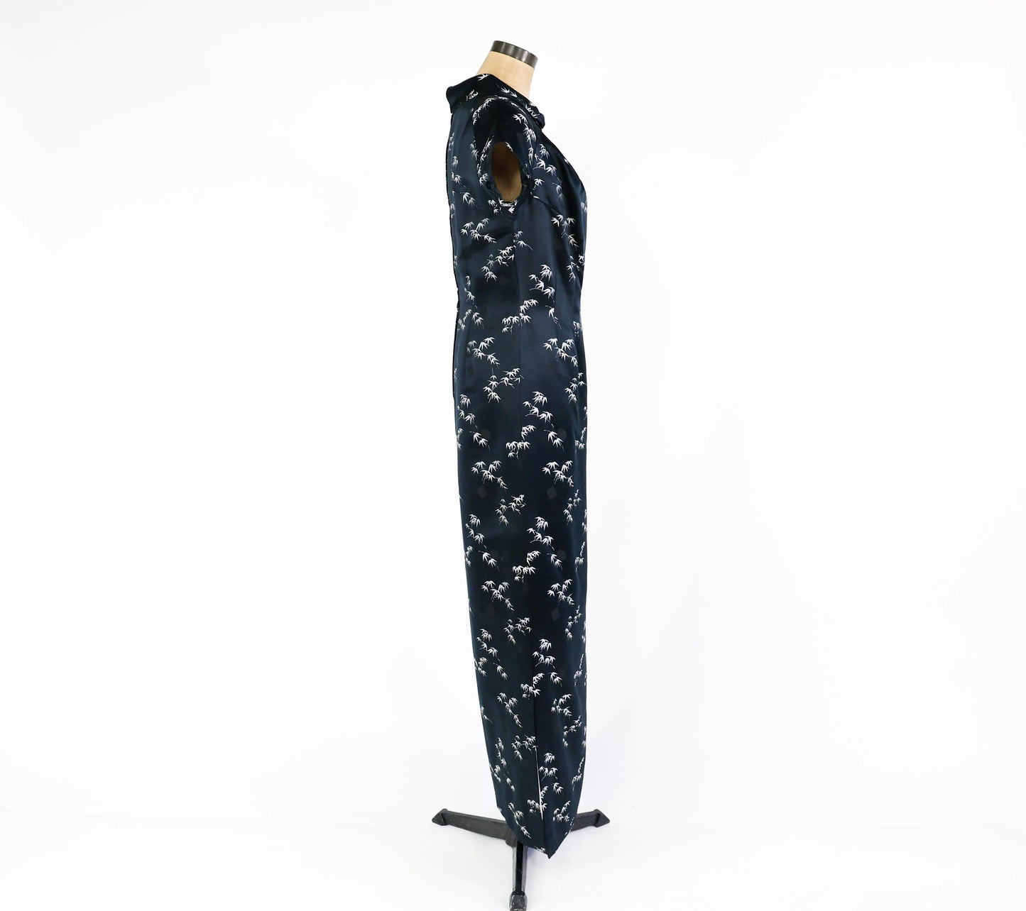 1950s Black & Silver Silk Evening Dress, Long Cheongsam Style Evening Dress, Large