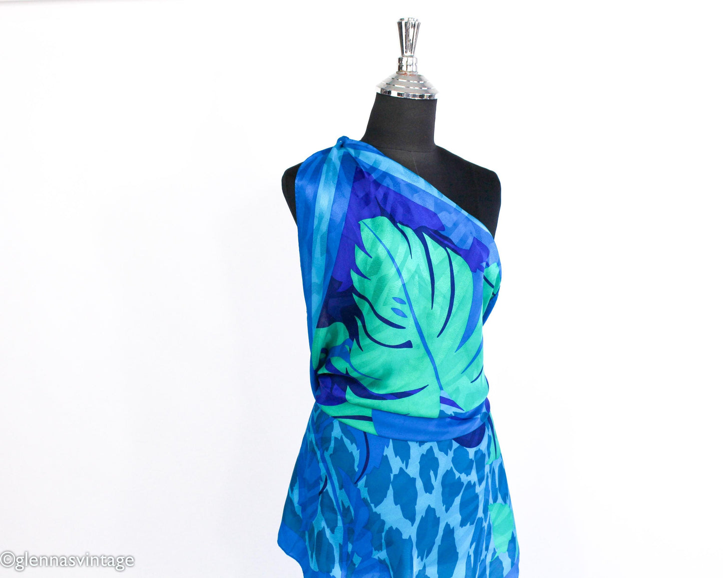 1980s Turquoise Blue Print Silk Scarf