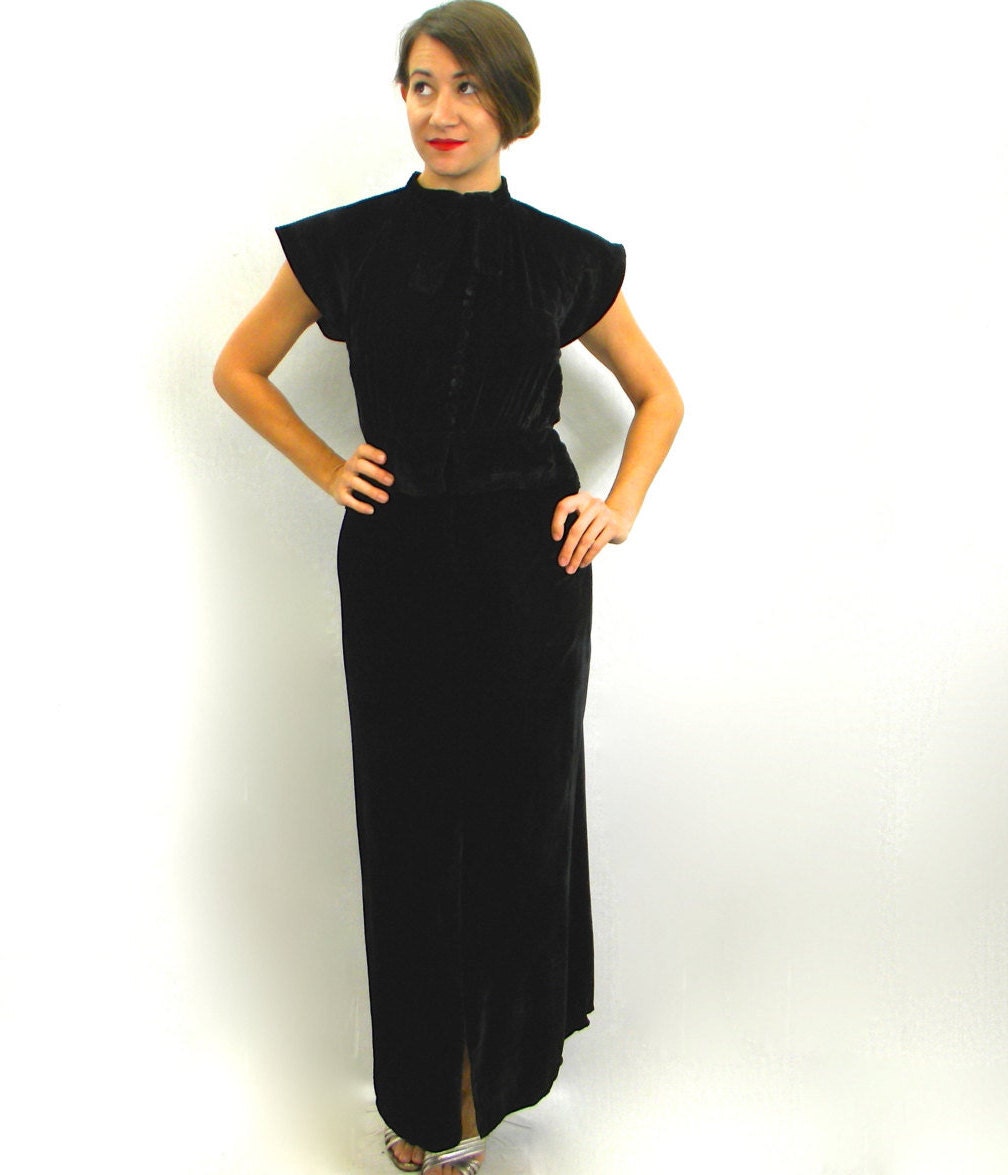 1930s Black Silk Velvet Gown with Deco Corded Shoulder Dress, Small