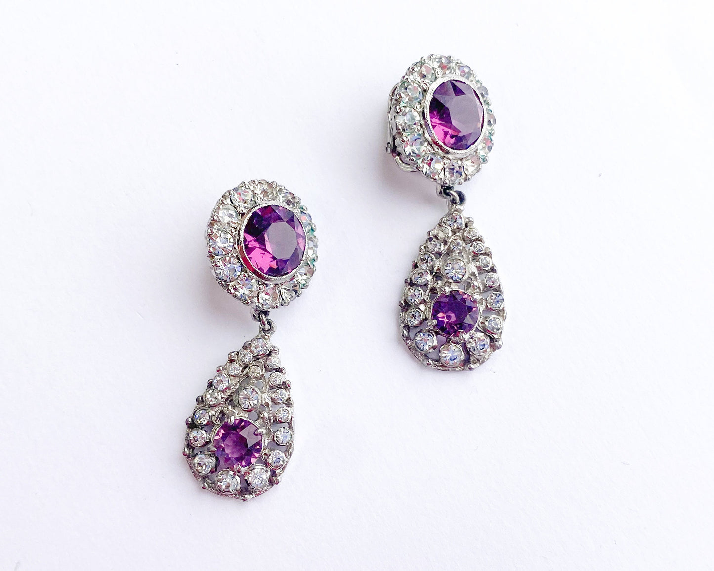 1960s Purple Rhinestone Dangle Earrings | 60s Purple & Rhinestone Drop Earrings