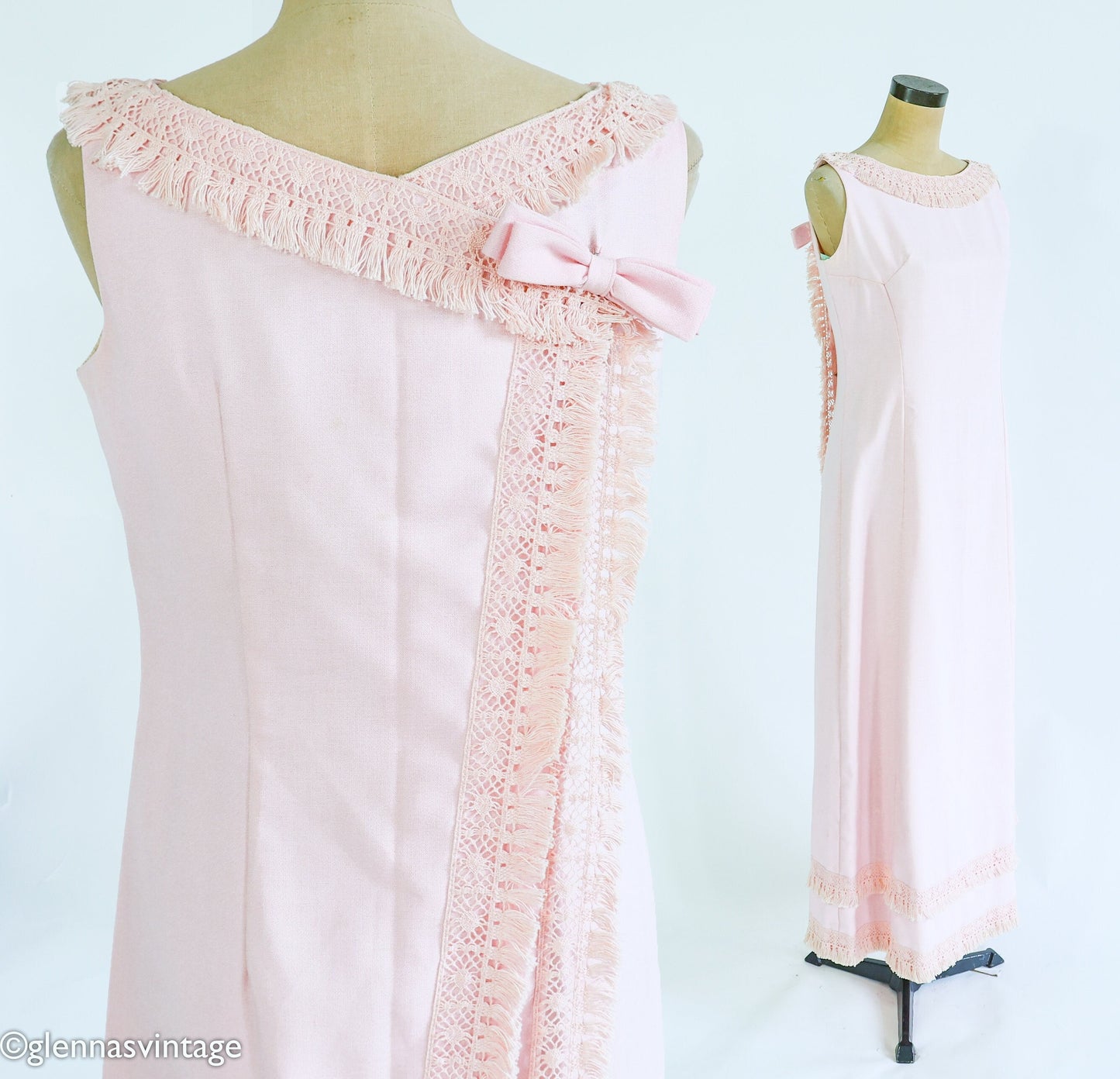 1960s Pink Fringe Column Dress | 60s Pale Pink Cotton Maxi Dress | Emma Domb | Medium