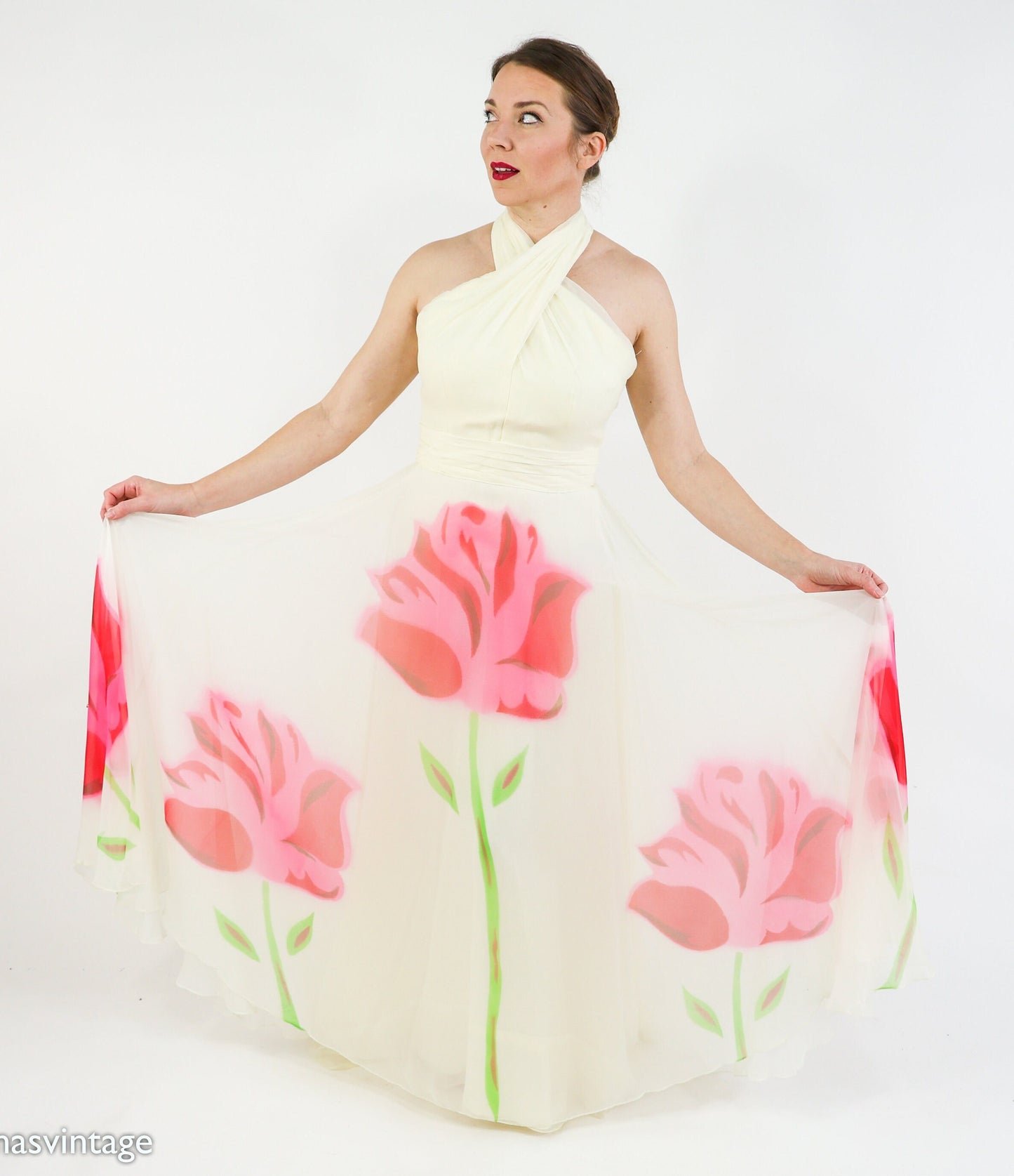 1950s Creme & Pink Silk Floral Evening Dress, Small