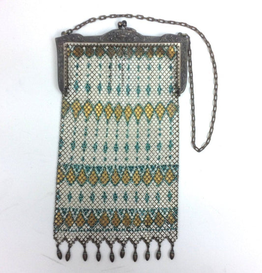 1900s Enamel Mesh Evening Bag | Vintage White, Green & Gold Purse