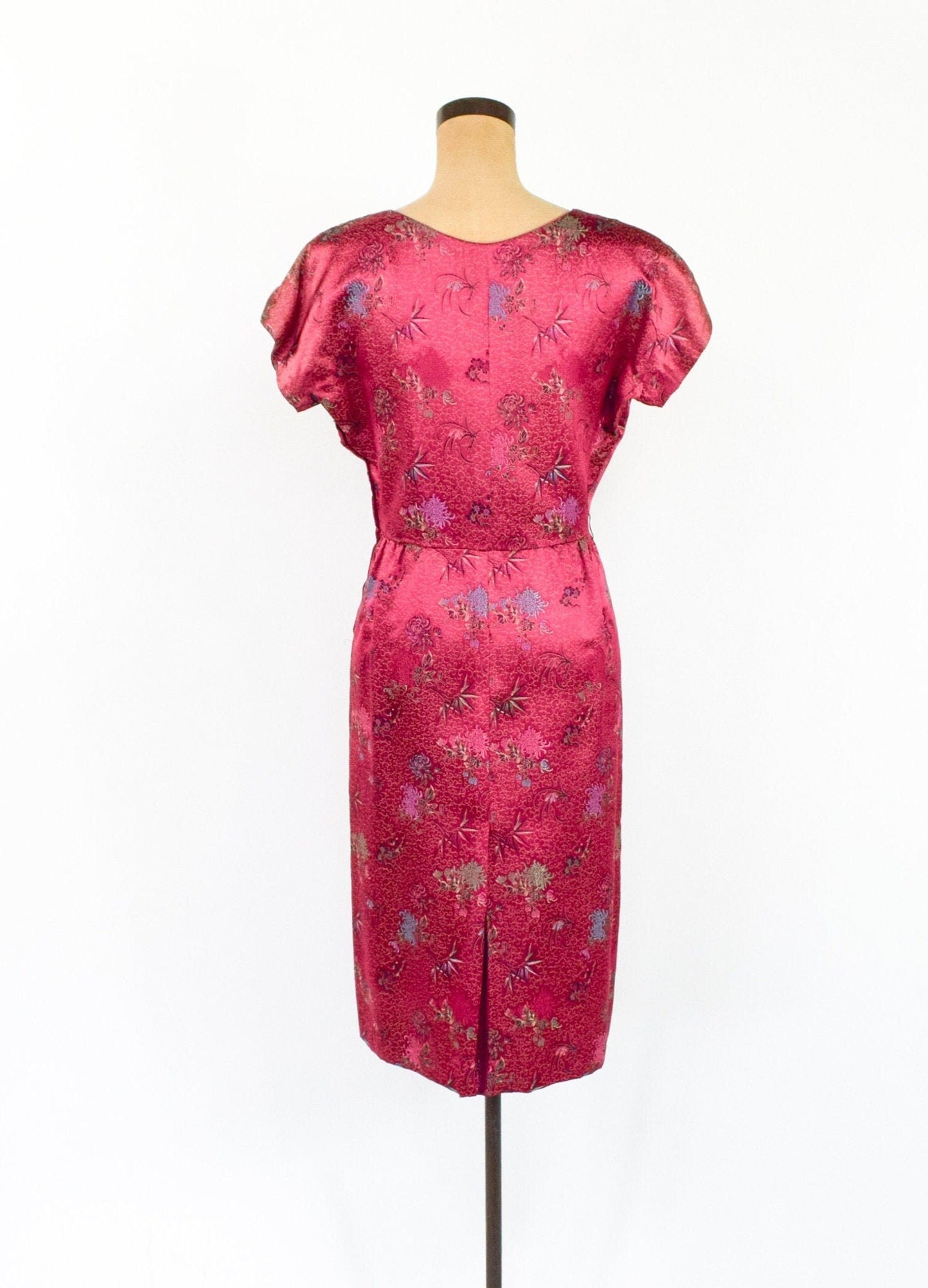 1950s Vintage Cranberry Silk Brocade Sheath | Red Party Dress, M/L