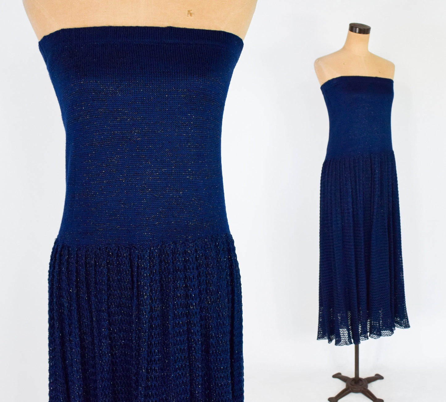 1980s Metallic Navy Knit Strapless Maxi Dress. Medium