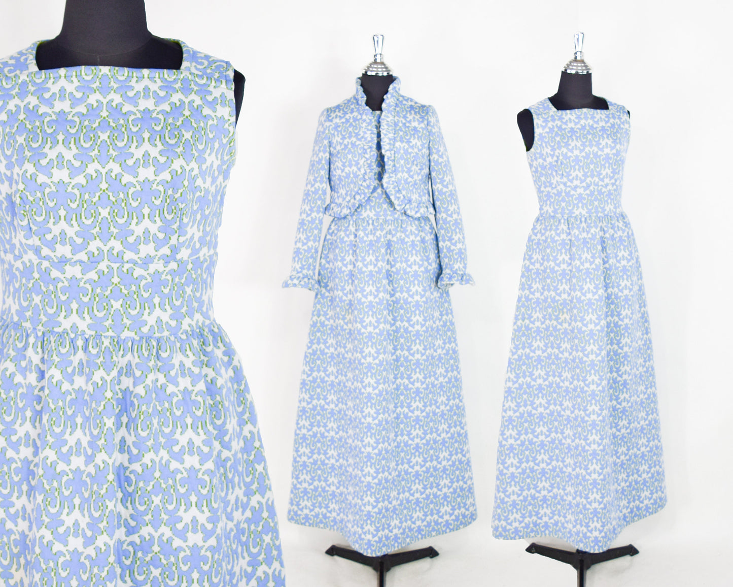 1970s Blue Floral Maxi Dress & Jacket | 70s Sky Blue Maxi Dress Set |  BELFRY | Medium