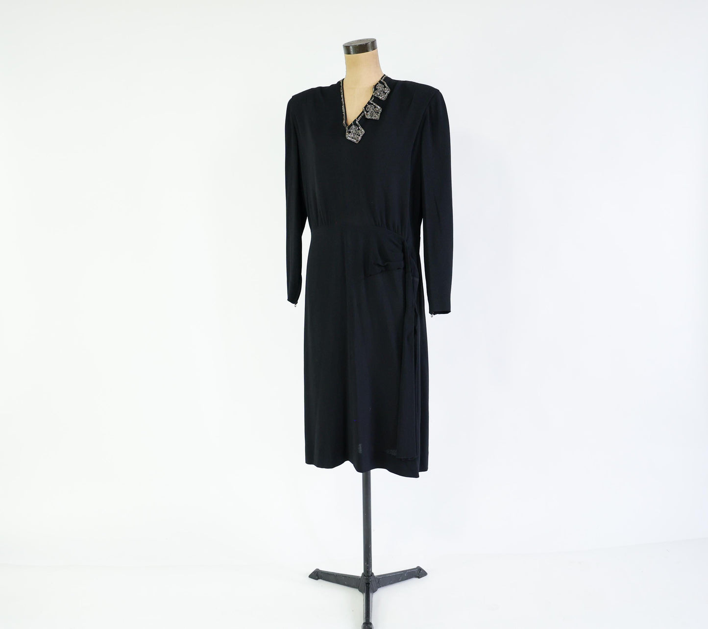 1940s Black Dress with Beaded Neckline, Extra Large, 36" Waist