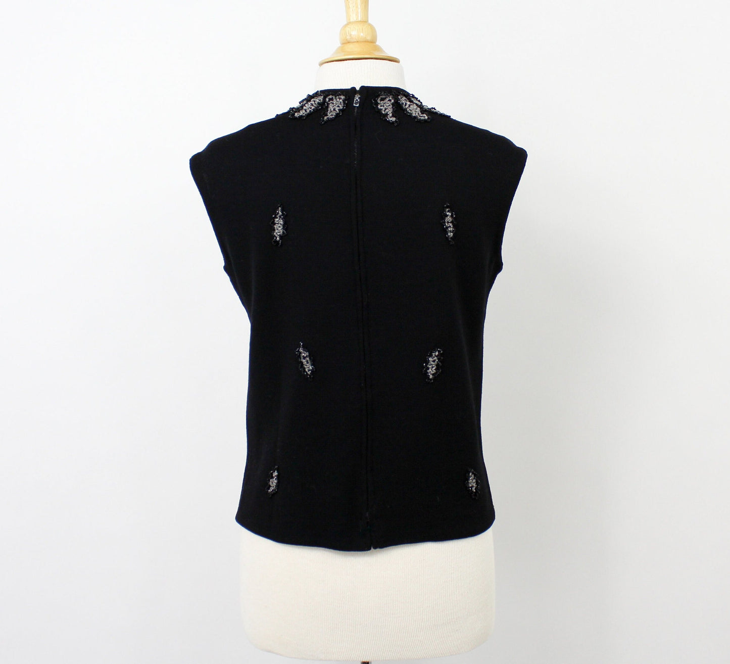 1960s Black Sleeveless Sweater | 60s Black Wool Beaded Top | Medium