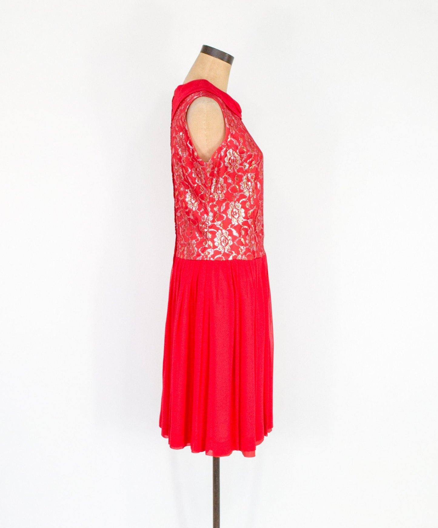 1950s Red Chiffon & Silver Lace Party Dress, Medium