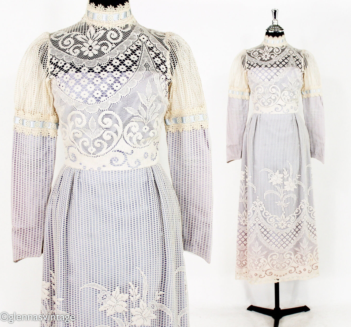 1970s White Lace Maxi Dress, Bohemian Wedding, Extra Small