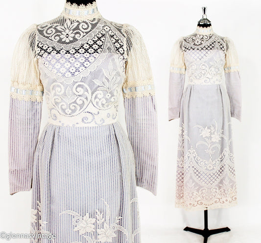 1970s White Lace Maxi Dress, Bohemian Wedding, Extra Small