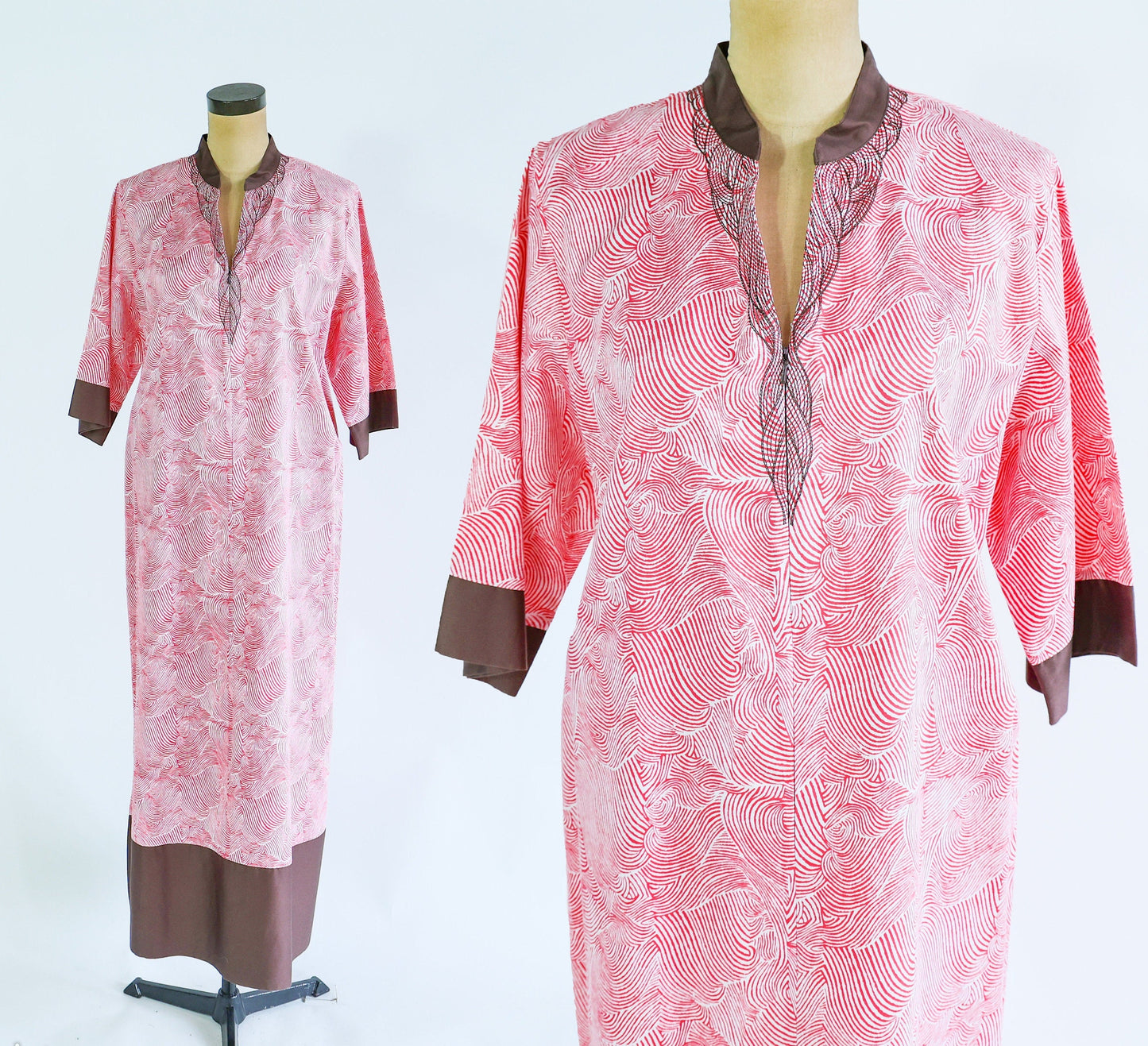 1980s Pink Cotton Caftan | 80s Pink Abstract Hostess Dress | Dressing Gown | I Magnin | Medium