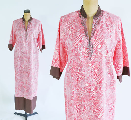 1980s Pink Cotton Caftan | 80s Pink Abstract Hostess Dress | Dressing Gown | I Magnin | Medium