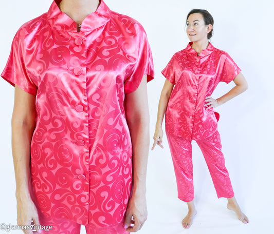 1960s Pink Satin Pajamas, Top & Pants Set, Medium