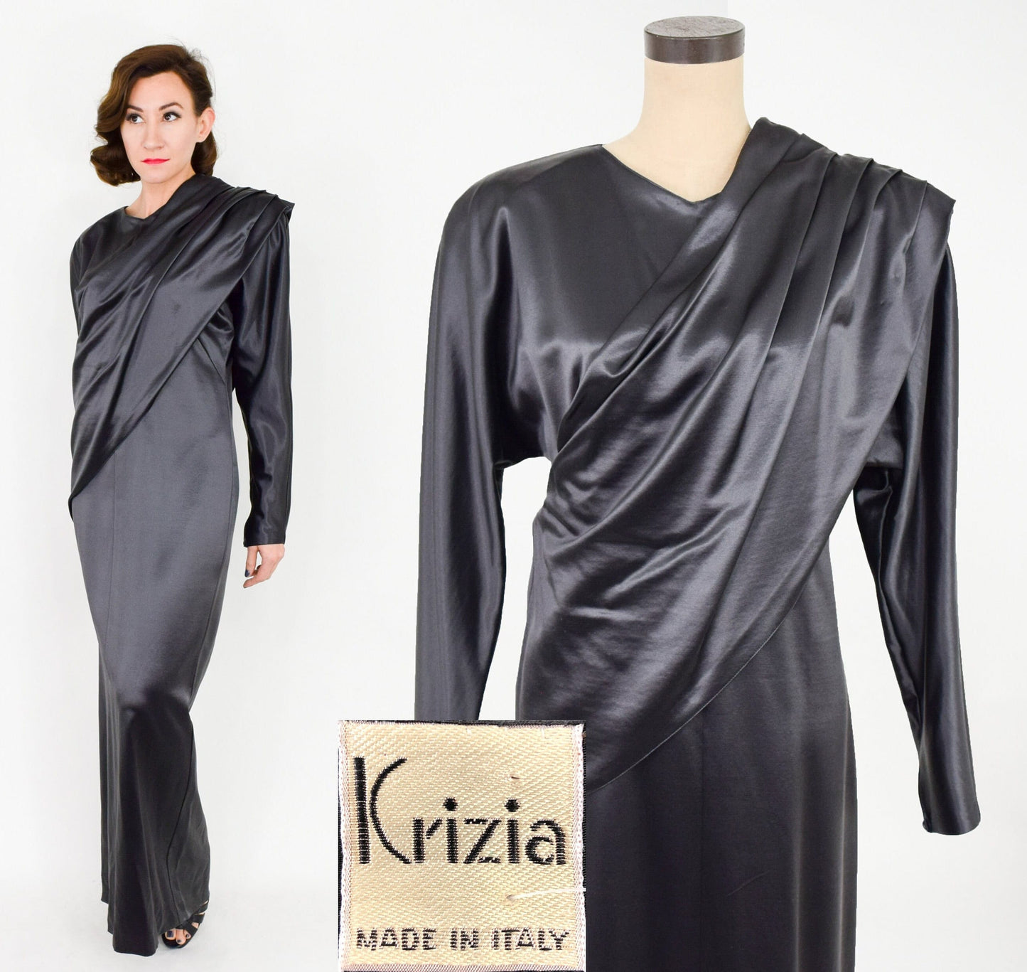 1990s Krizia Charcoal Gray Satin Evening Gown, Large