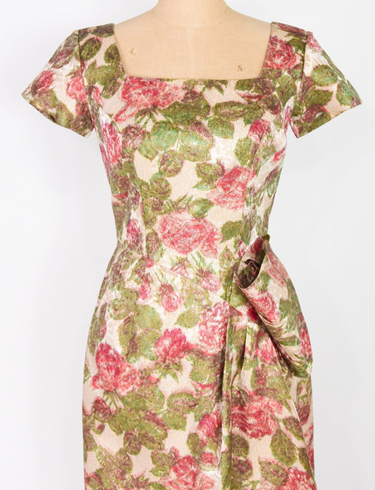 1950s Pink Green Floral Rose Print Party Dress in Brocade, Du Barry Fashion, Small
