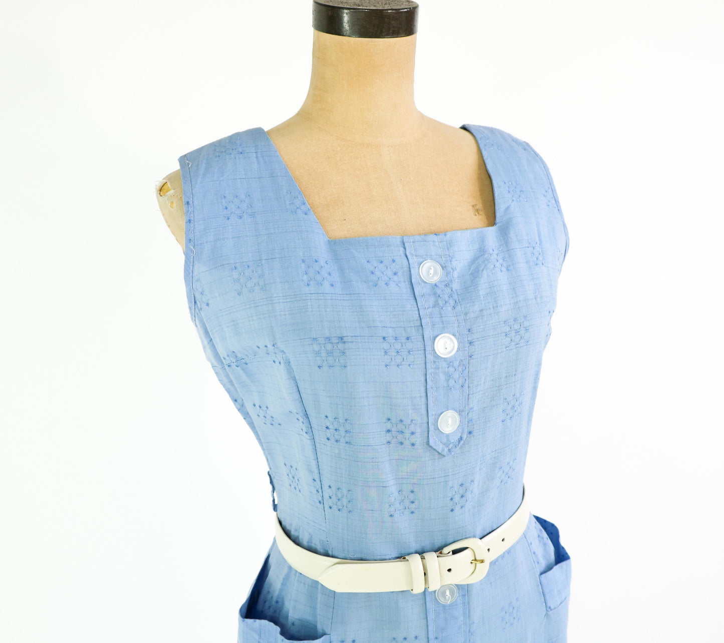 1950s Blue Print Cotton Day Dress, Large