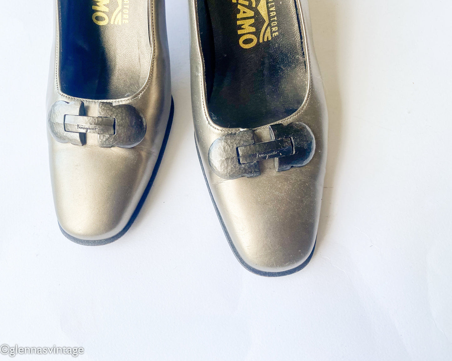 Vintage Ferragamo Pewter Leather Pumps | 1990s Metallic Heels | US 6