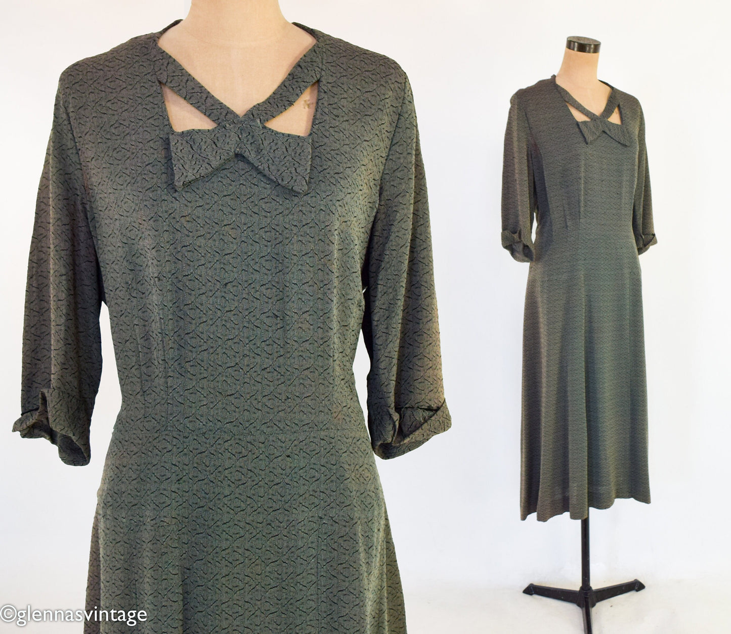 1940s Olive Green Crepe Dress, XXL, 38" Waist