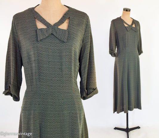 1940s Olive Green Crepe Dress, XXL, 38" Waist