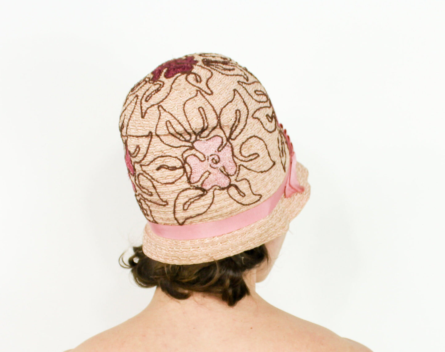 1920s Style Cloche Hat, Pink Floral Embroidered Flapper Hat, Downton Abbey Era