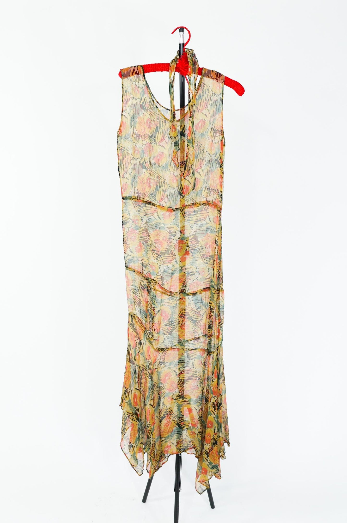 1930s Floral Print Silk Chiffon Dress with Asymmetrical Hem, Extra Small