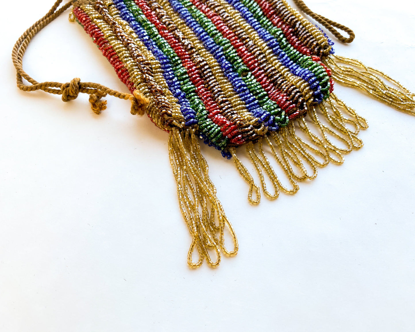1900s Gold Striped Beaded Handbag | Red & Gold Beaded Stripe Pouch Bag | Downtown Abby
