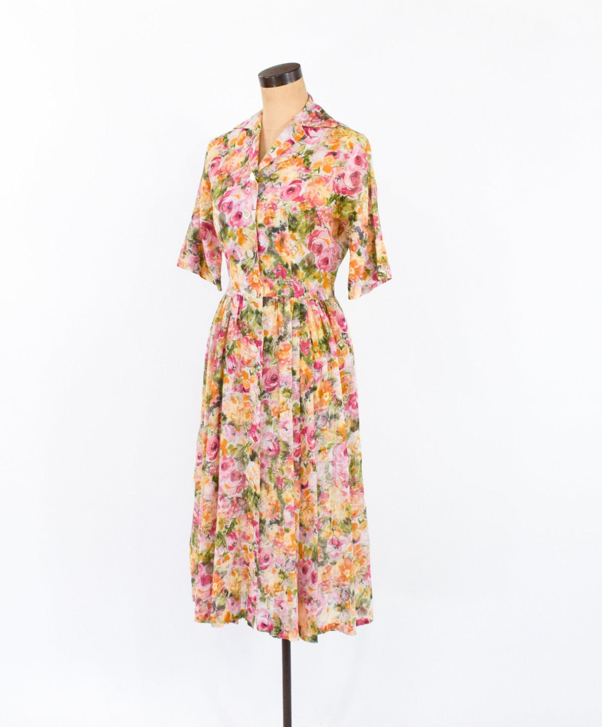 1950s Floral Cotton Shirtwaist Dress | Orange Sheer Fabric, Medium