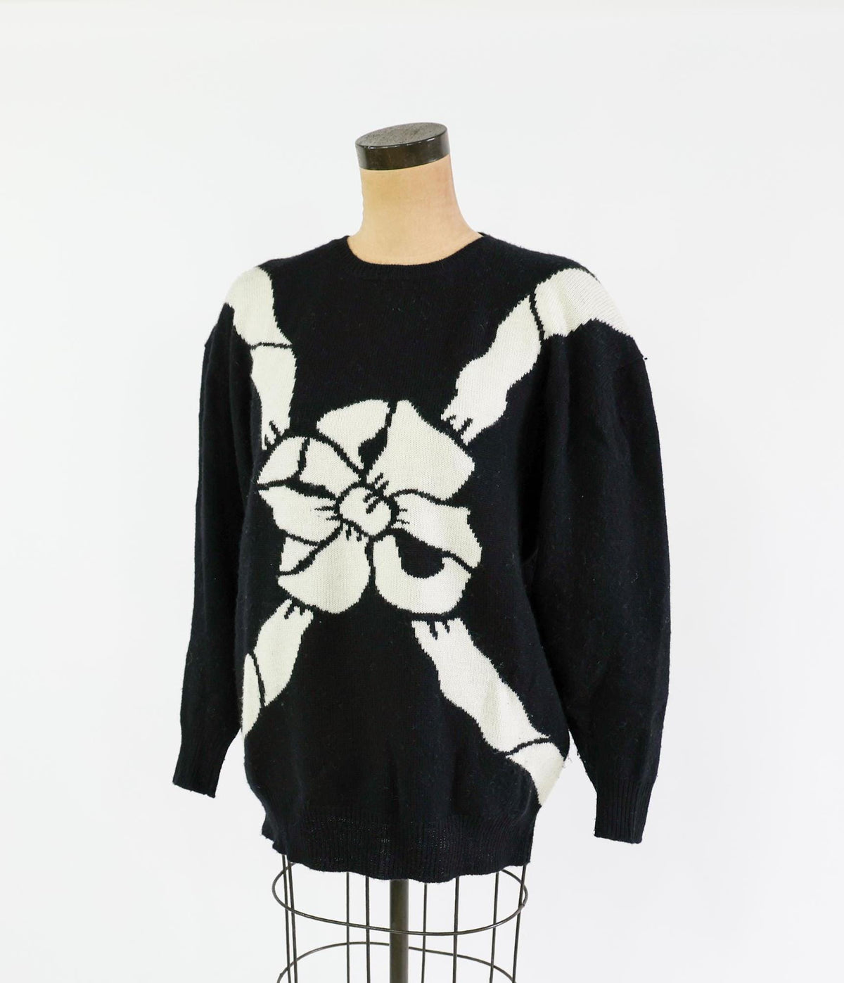 1980s Black & White Wool Cashmere Bow Sweater, Large