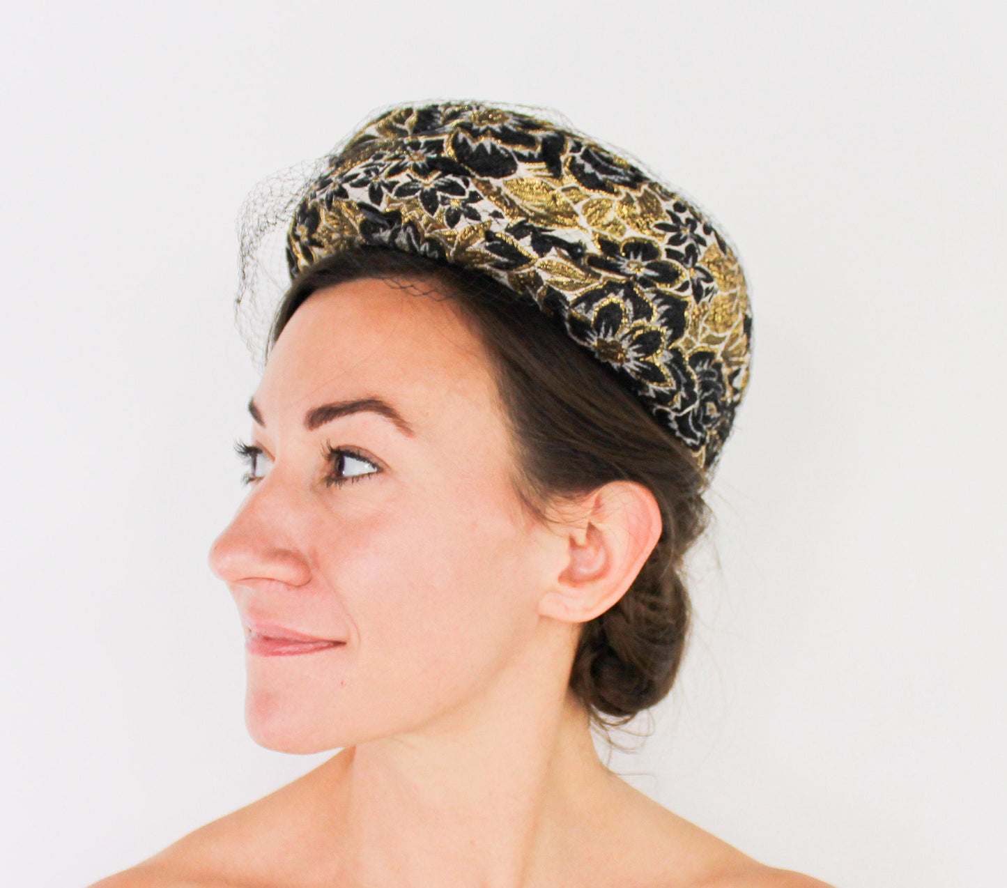 Vintage 1950s Black & Gold Brocade Pillbox Hat | Mr. Mac, Jackie O Style