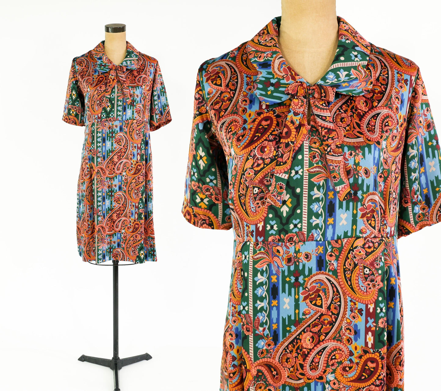 1960s Orange & Blue Paisley Print Dress, 38" Waist