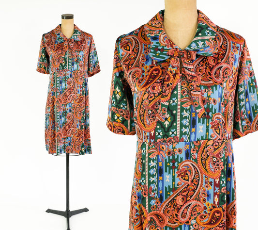 1960s Orange & Blue Paisley Print Dress, 38" Waist