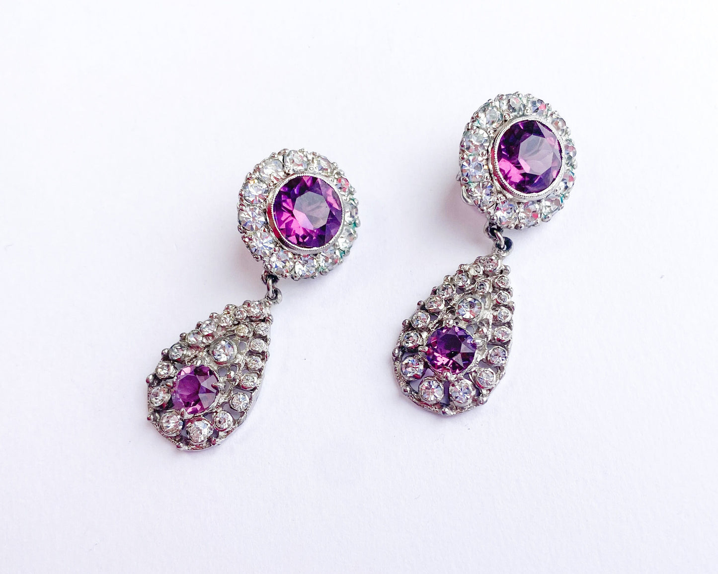 1960s Purple Rhinestone Dangle Earrings | 60s Purple & Rhinestone Drop Earrings