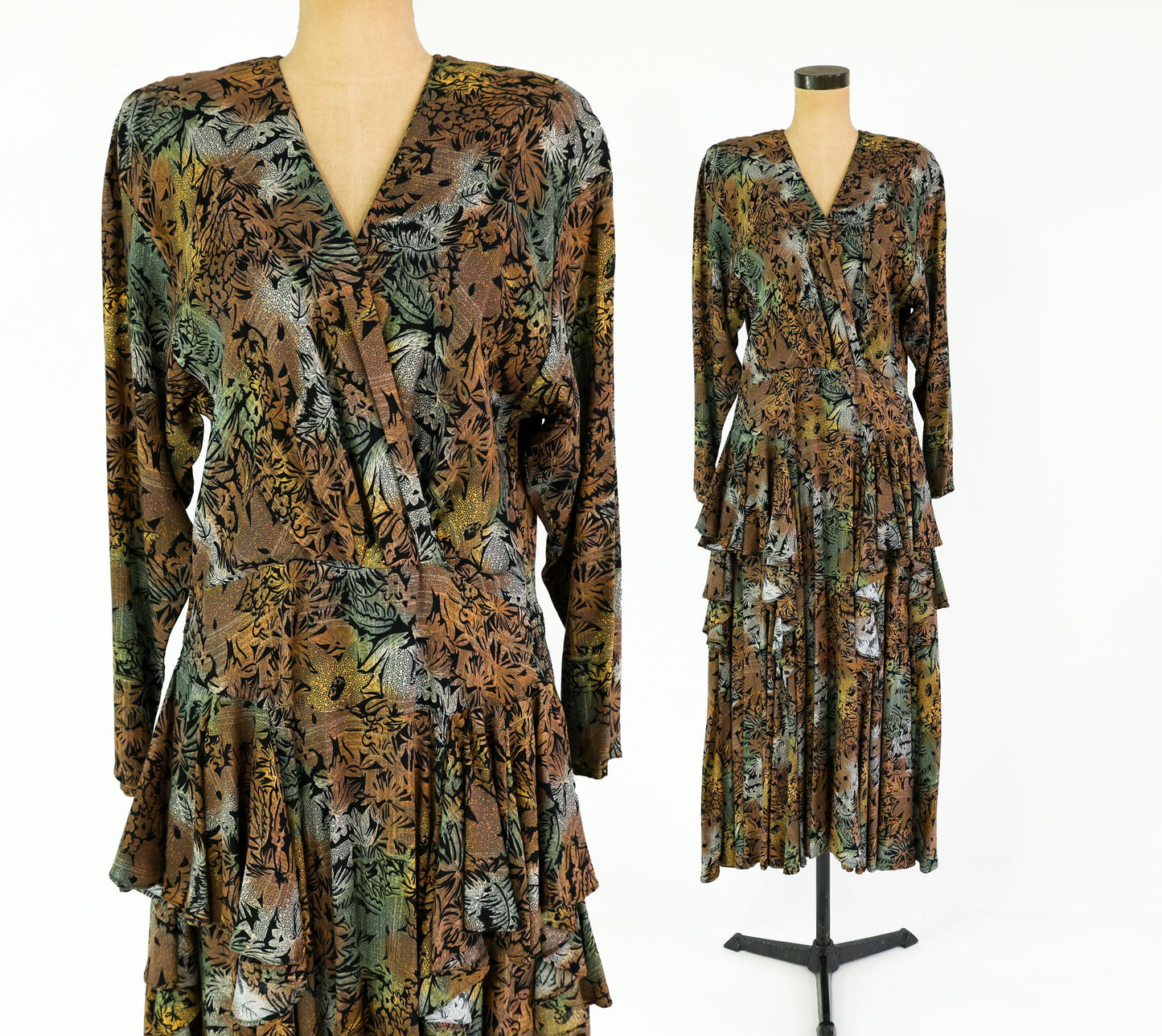 1980s Brown Floral Print Dress, Extra Large, Waist up to 36"