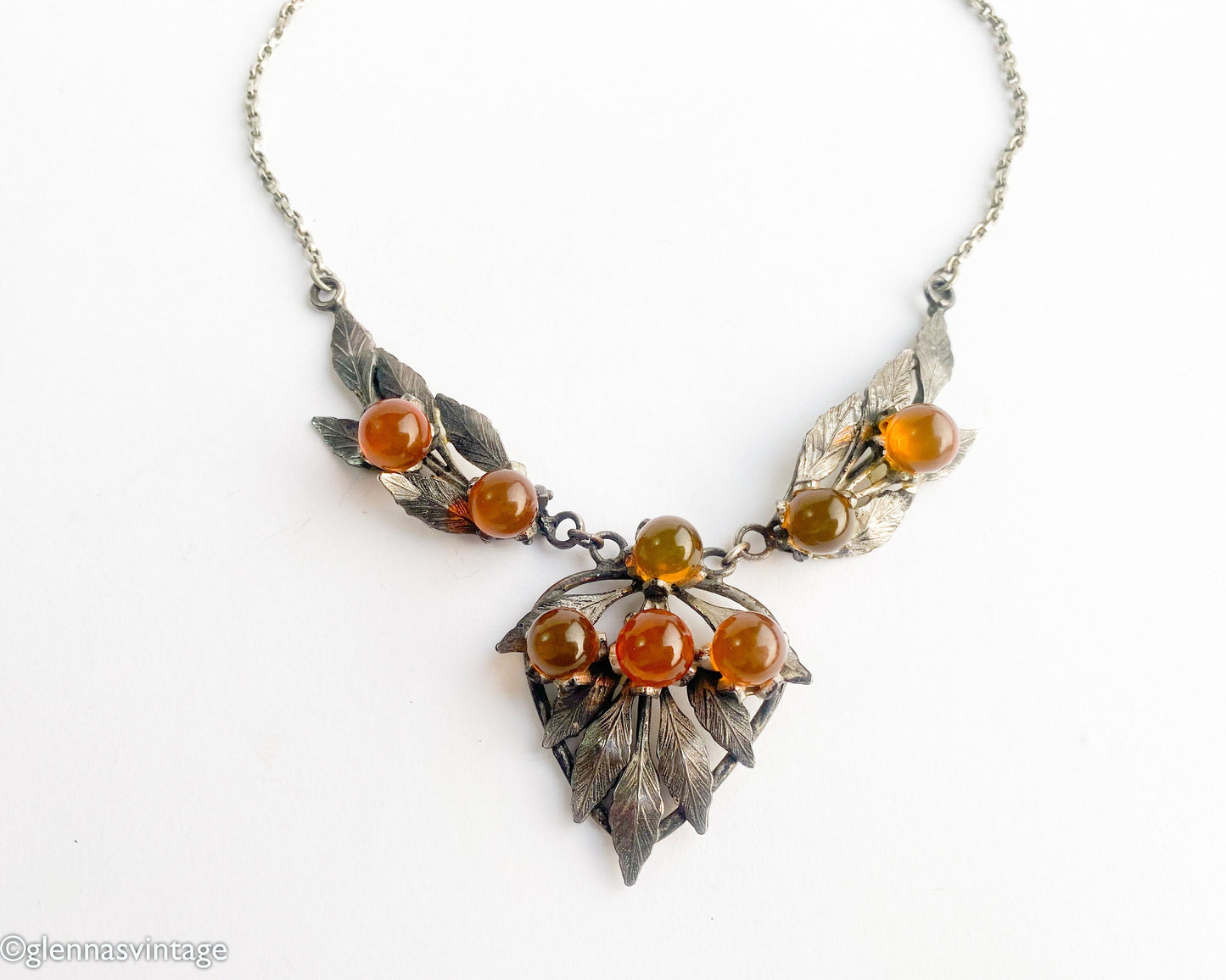 1930s Silver Leaves Necklace | Vintage Pendant with Brown Berries
