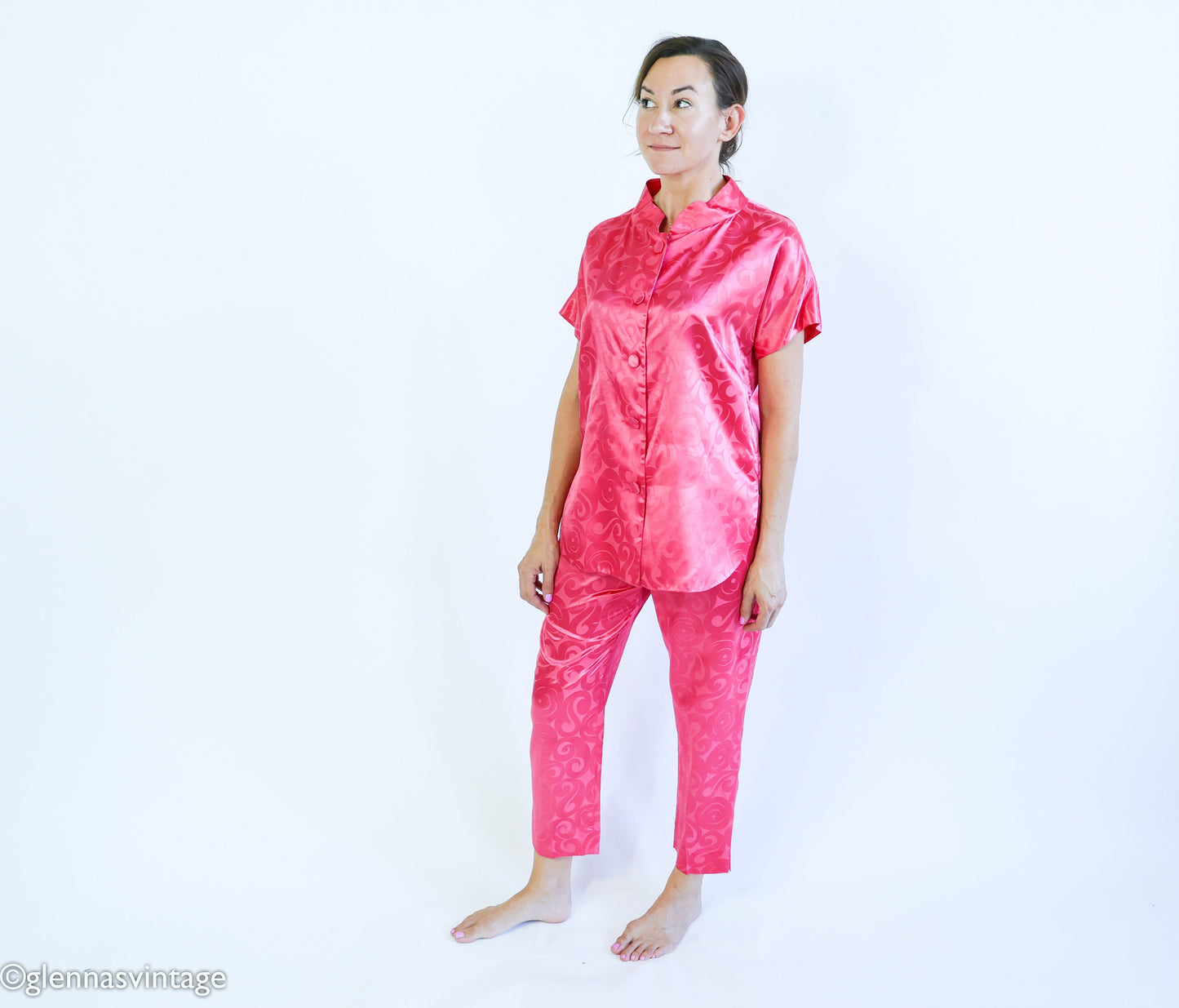 1960s Pink Satin Pajamas, Top & Pants Set, Medium
