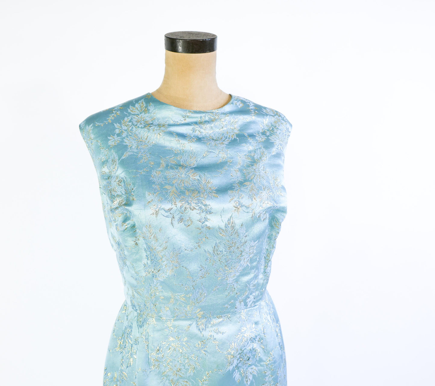 1950s Blue Metallic Jacquard Party Dress, 35" Waist