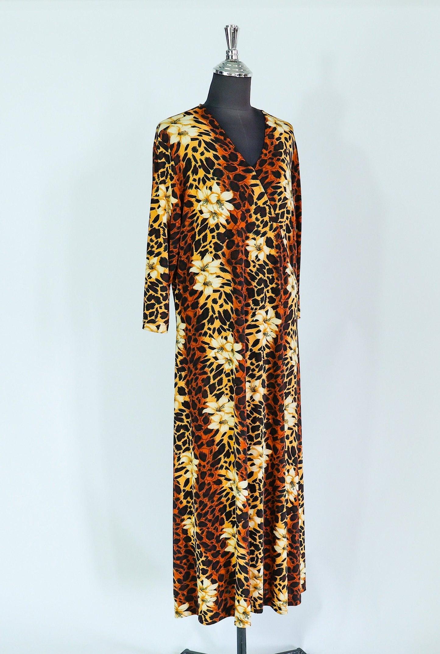 1980s Leopard Animal Print Caftan | 80s Brown Leopard Print & Flowers Maxi Dress | Carolyn Strauss | XLarge