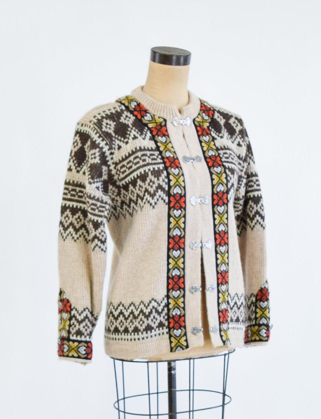 1950s Nordic Brown Pattern Virgin Wool Cardigan, Medium