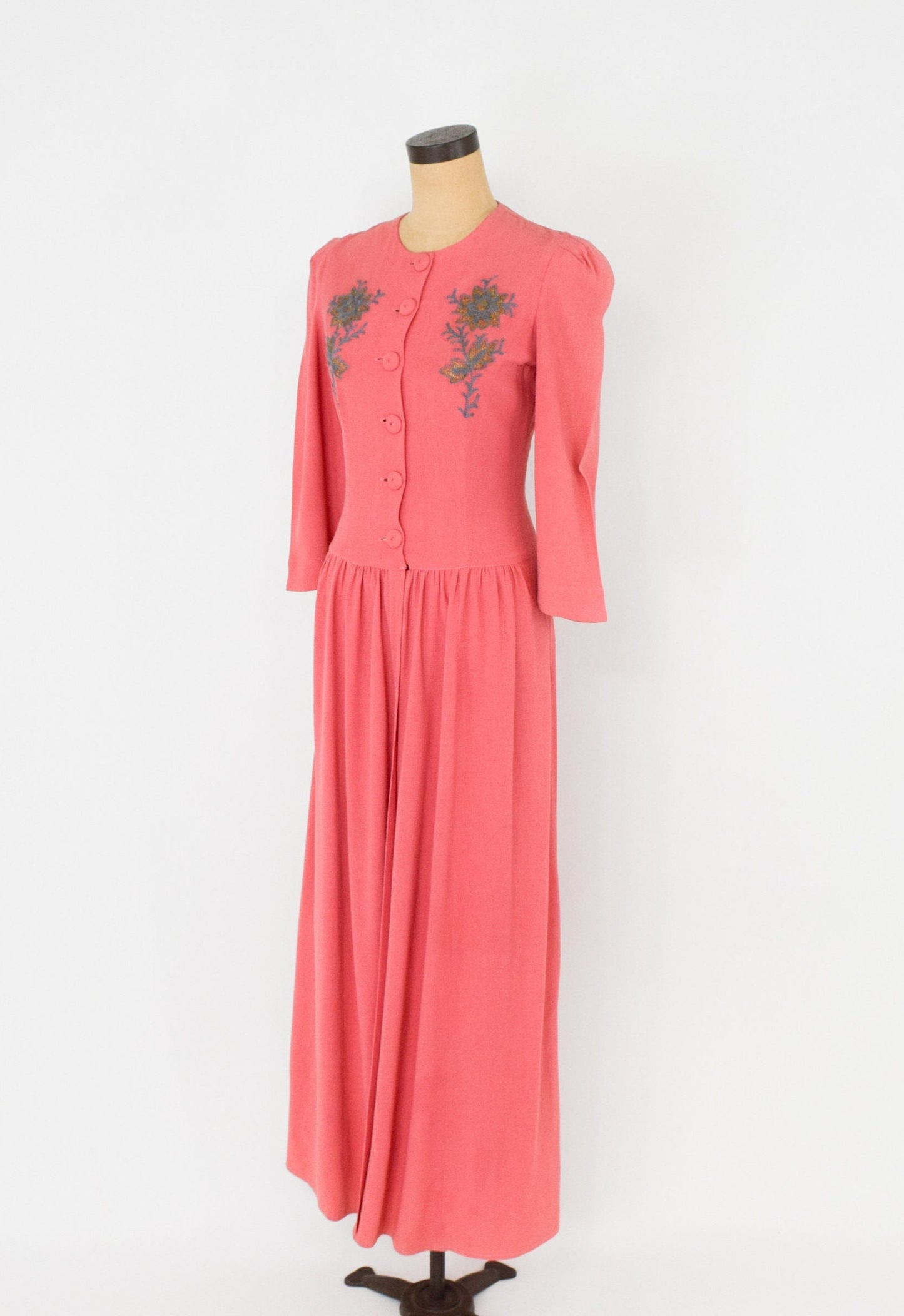 1940s Coral Crepe Evening Dress | 40s Coral Lounging Gown | Pink Crepe Long Dress | Barbara | Medium