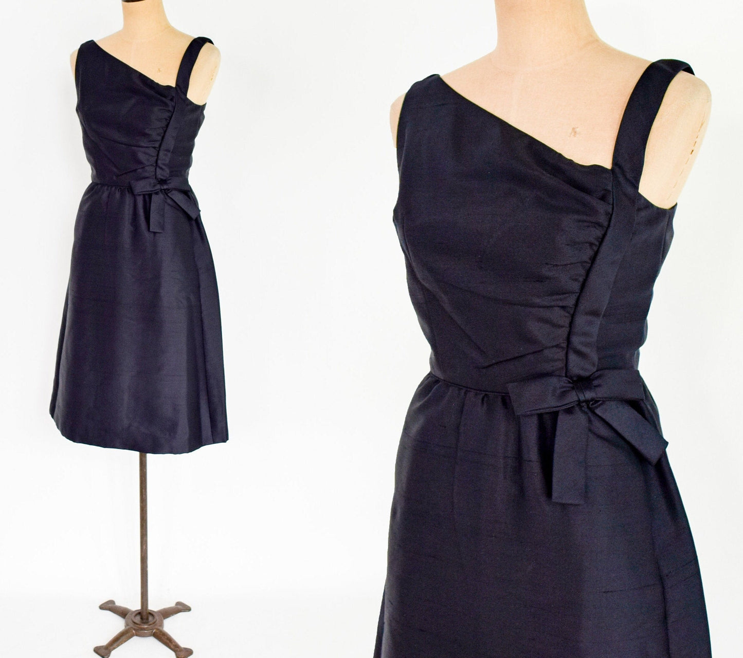 1950s Black Silk Shantung Cocktail Dress, Small