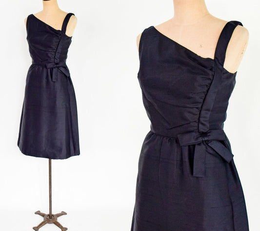 1950s Black Silk Shantung Cocktail Dress, Small
