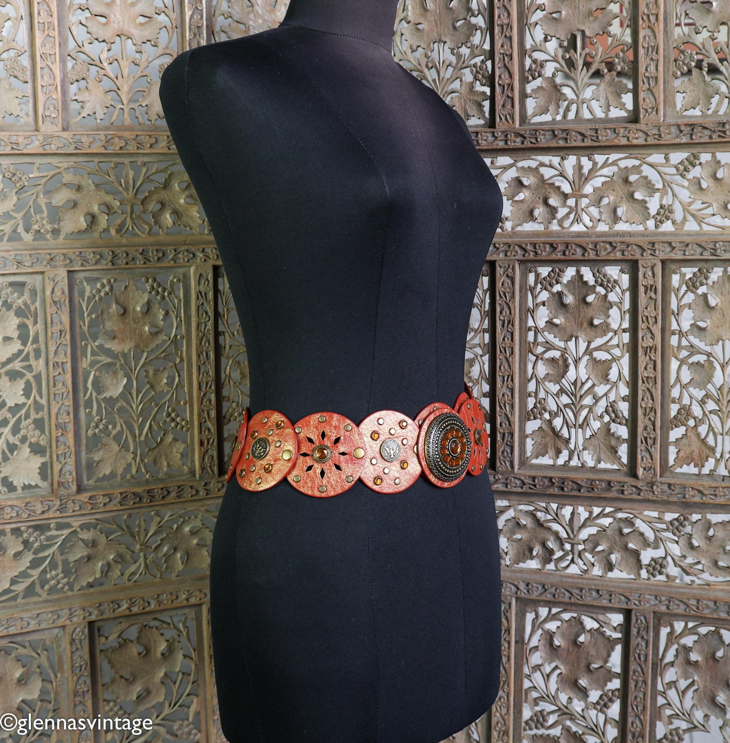 1970s Red & Brown Circles Studded Leather Belt