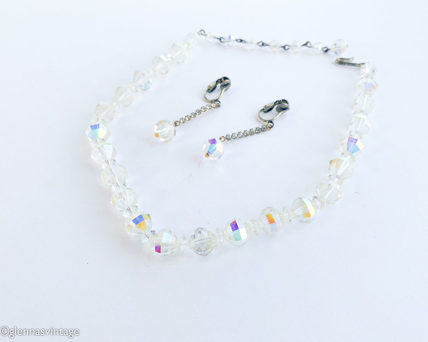 1950s Aurora Borealis Crystal Necklace & Earrings Set, Iridescent Jewelry