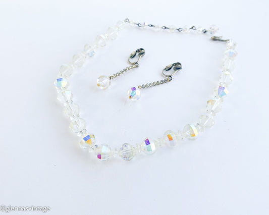 1950s Aurora Borealis Crystal Necklace & Earrings Set, Iridescent Jewelry