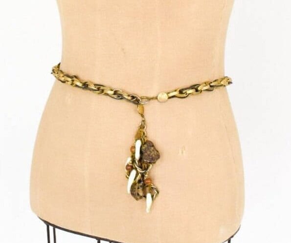 1970s Bronze Chain Belt, Glass & Stone Brass Belt