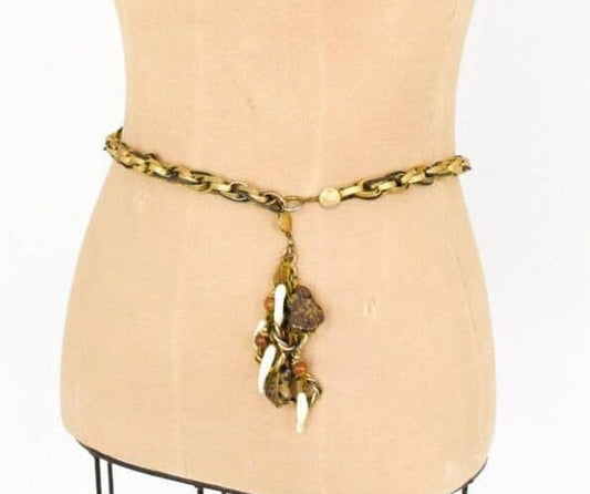 1970s Bronze Chain Belt, Glass & Stone Brass Belt