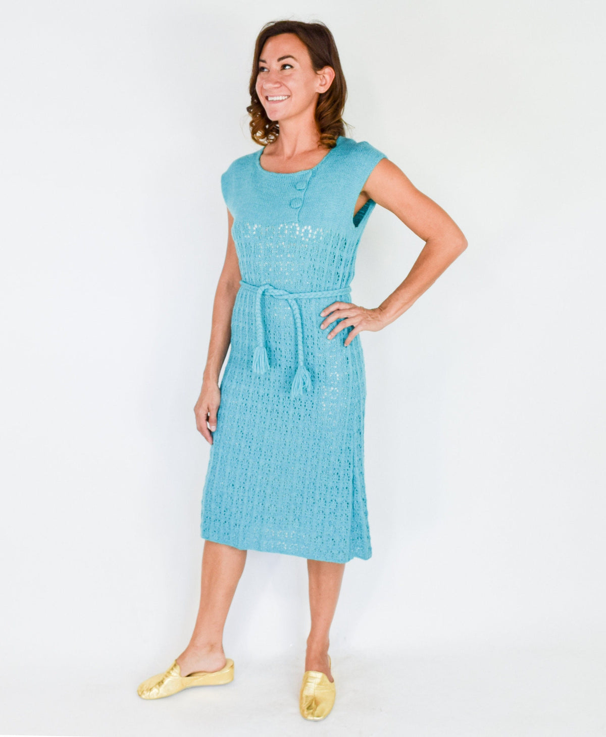1970s Crochet Knit Sweater Dress | Blue Acrylic Sheath, Medium