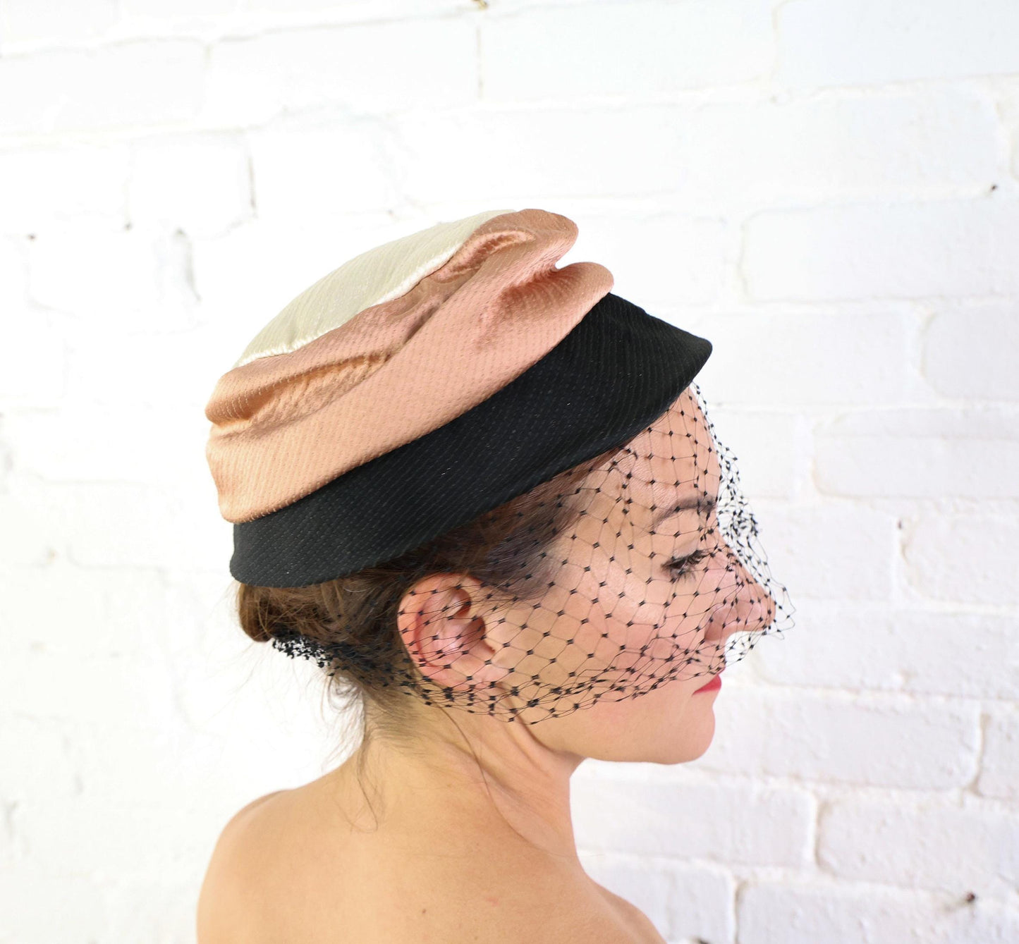 1950s Veiled Satin Cocktail Hat in Creme, Brown & Black