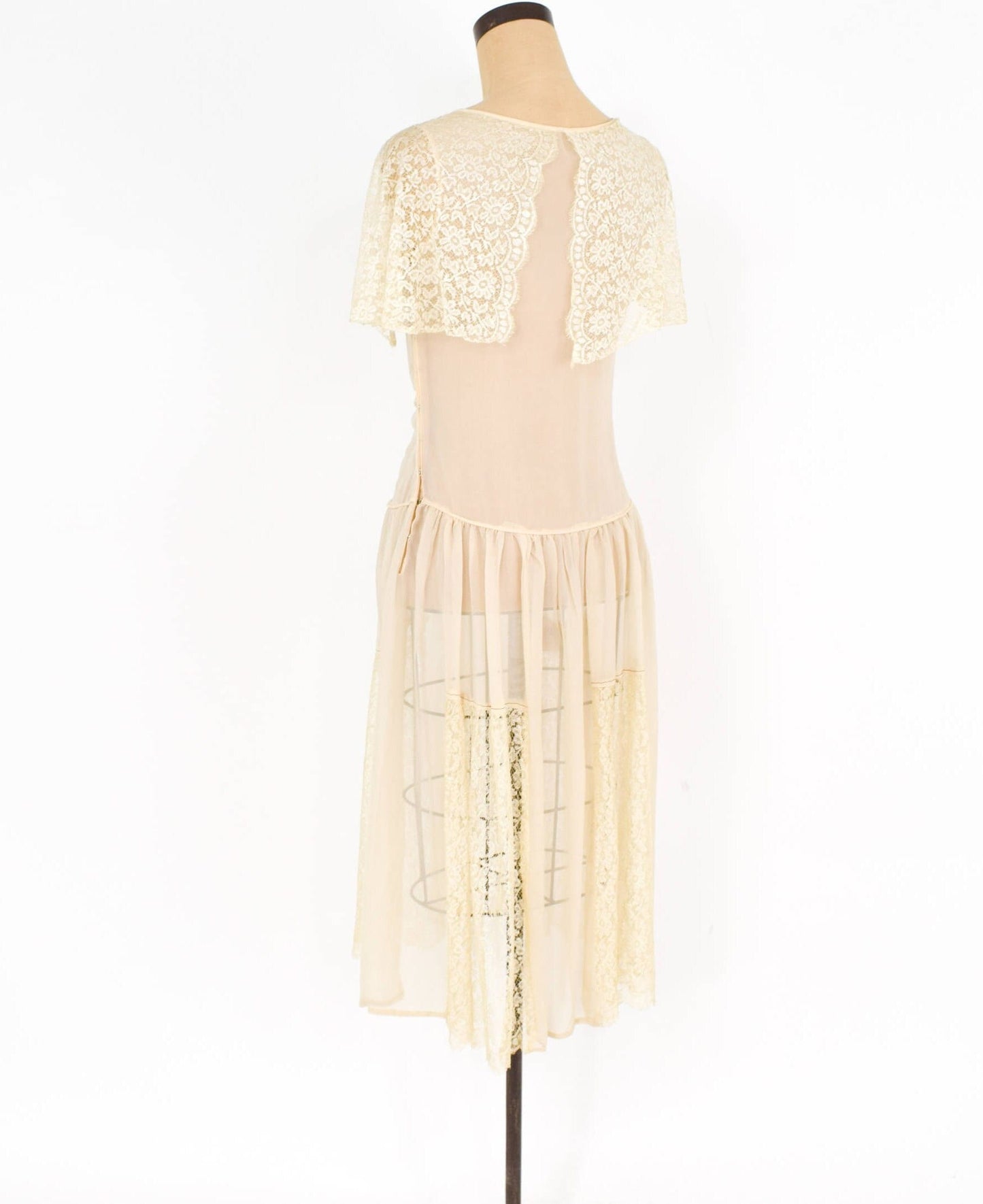 1920s Ivory Silk Chiffon Lace Dress, Vintage Wedding, Small